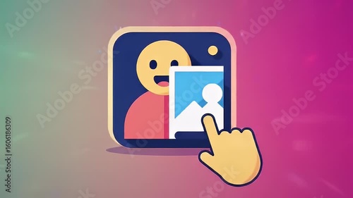 Stylized icon showing face, photo, and finger touch on peach backdrop
