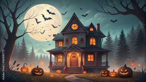 Halloween Night Spooky House Bats Full Moon Jackolanterns
