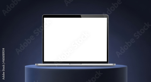 Modern laptop with a blank white screen displayed on a sleek dark pedestal, ideal for product showcase