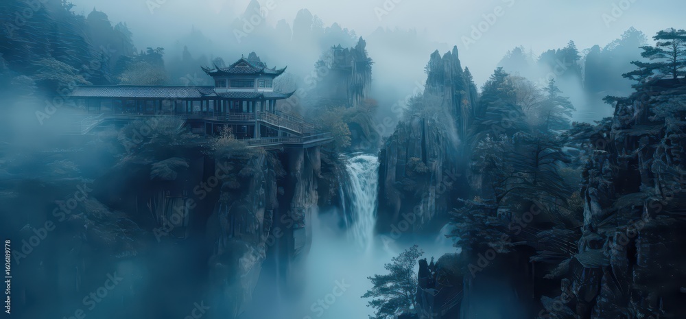 Fototapeta premium A serene landscape featuring a misty waterfall and traditional architecture amidst mountains.
