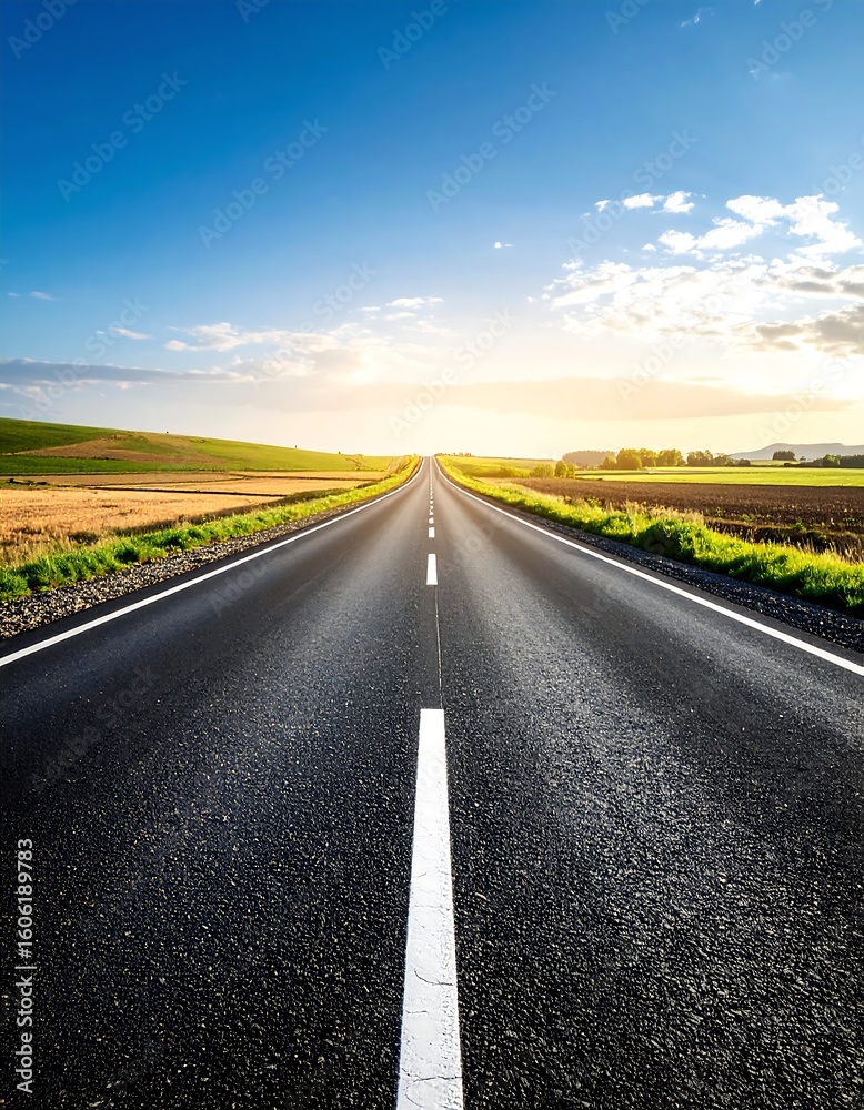 Naklejka premium Empty road through countryside at sunrise