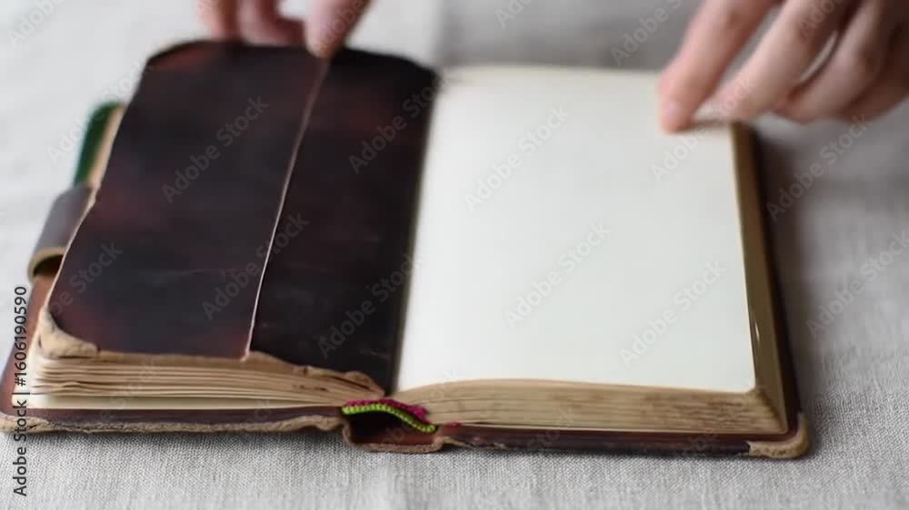 Aged journal open, revealing pressed botanicals. Aged paper and a worn brown leather cover give a sense of history. Pages are being turned, revealing more delicate plants
