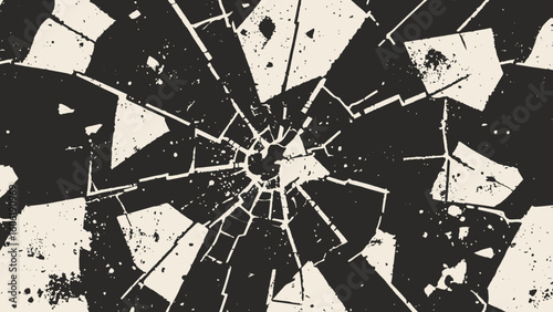 High contrast vector of shattered glass effect with radial crack pattern