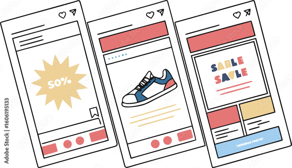 Fototapeta premium Digital marketing campaign showcase featuring social media posts with sales promotions and product displays for online advertising