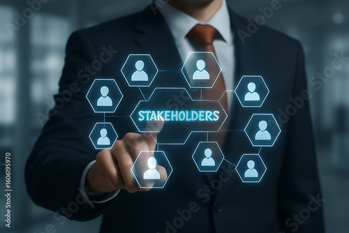 STAKEHOLDERS. Concept of business finance stakeholder investment management. Different stakeholders contact collaboration.