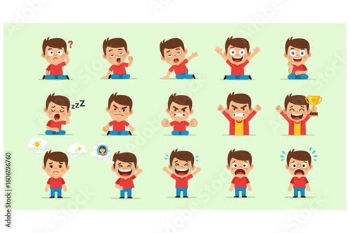 Collection of cartoon boy expressing various emotions and actions