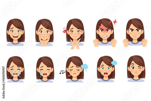 Collection of female expressive emoticons showing various emotions
