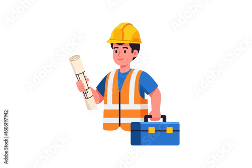 Construction worker holding blueprints and toolbox