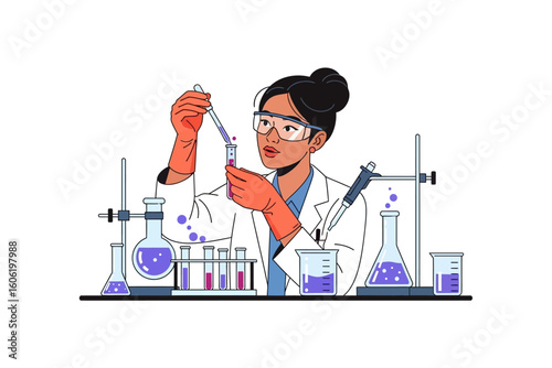 Scientist female working in laboratory with test tubes and glassware