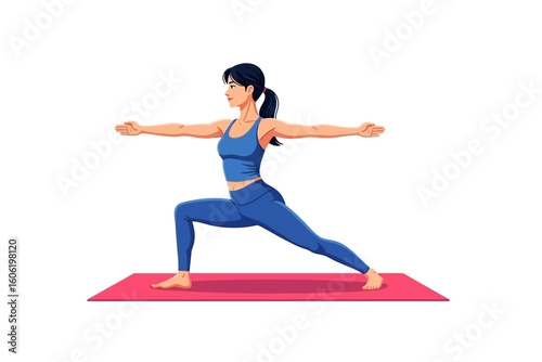 Woman practicing yoga in warrior pose on mat