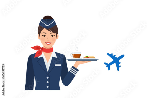 Female flight attendant holding tray with tea and snacks