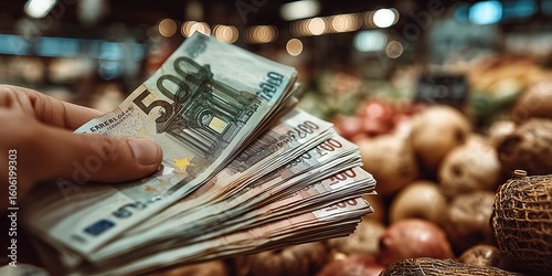 Close-up of customer's hand reaching for cash, paying for goods in supermarket