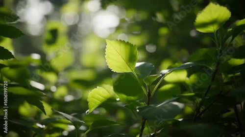 Fresh green leaves on a tree glowing in sunlight in a natural garden setting