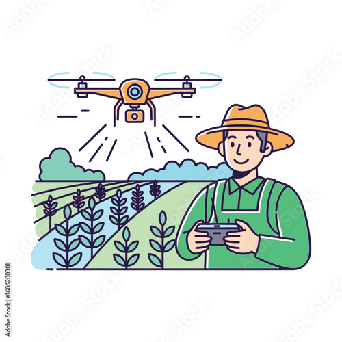 Modern farmer operating an agricultural drone over a green field. Concept of precision farming and agritech innovation. Line art illustration.
