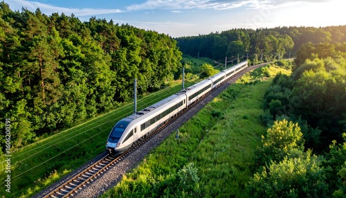 High-speed train through green forest