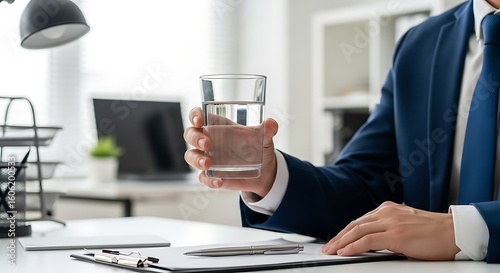 Man holding glass of water on office desk
