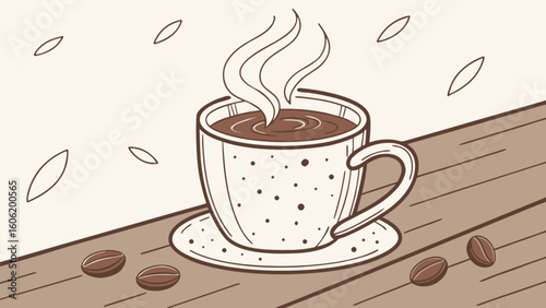 Delicious hot coffee cup with steam and coffee beans on table vector illustration drawing design art