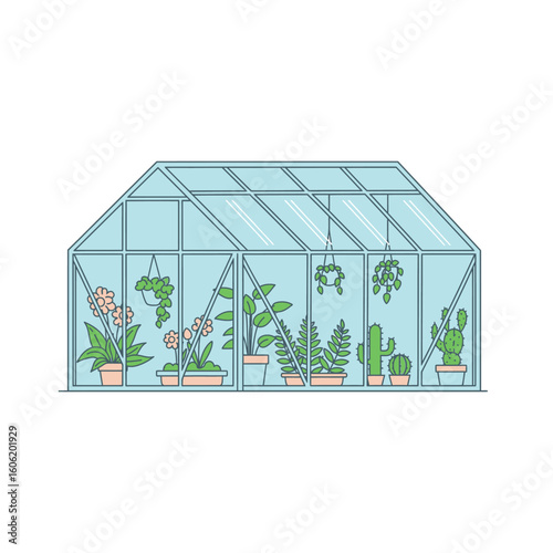 Outline vector illustration of a modern glasshouse with diverse flora. A concept for urban farming, gardening, and plant cultivation.
