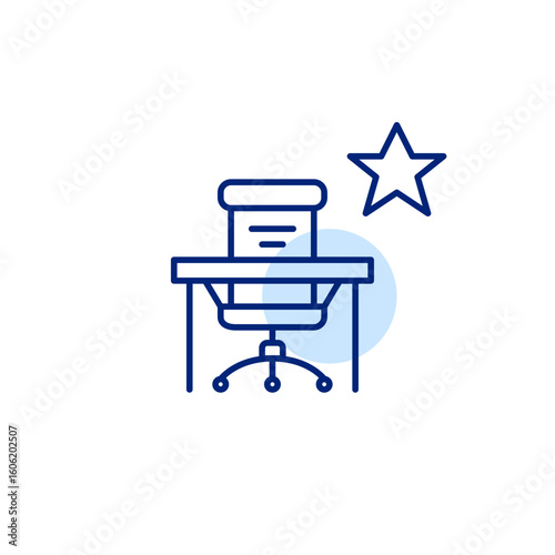 Office desk with chair and star. Favorite workplace, trusted company. Pixel perfect, editable stroke vector icon