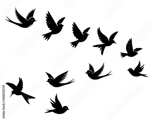 Many birds flying together in the sky, silhouette vector file.