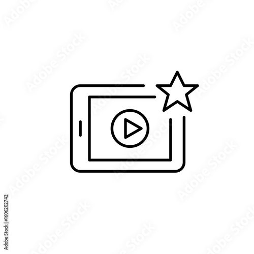 Video player on electronic tablet and star. Premium content, featured stream or channel. Pixel perfect, editable stroke vector icon