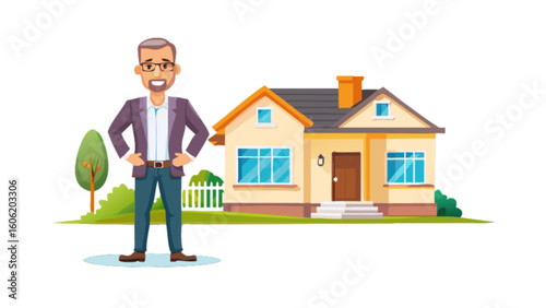 Real estate agent standing in front of house vector illustration for property sale and home ownership concept