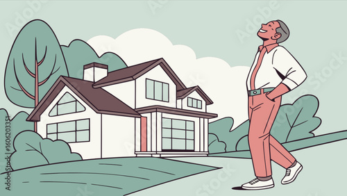 Dream home illustration: happy homeowner admiring new house in suburban neighborhood real estate property