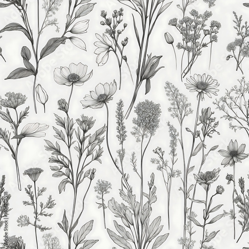Seamless pattern of sketched flowers and plants art