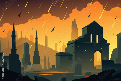 Apocalyptic cityscape with meteor shower and orange sky