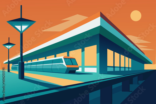 Modern train station with sleek train and orange sky