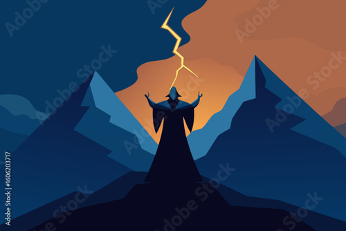Mystic figure summoning lightning in mountain landscape