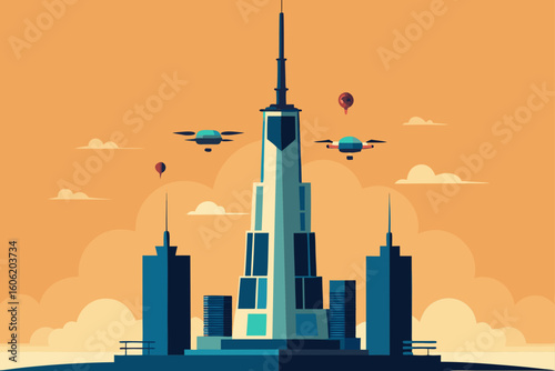 Futuristic cityscape with drones and hot air balloons