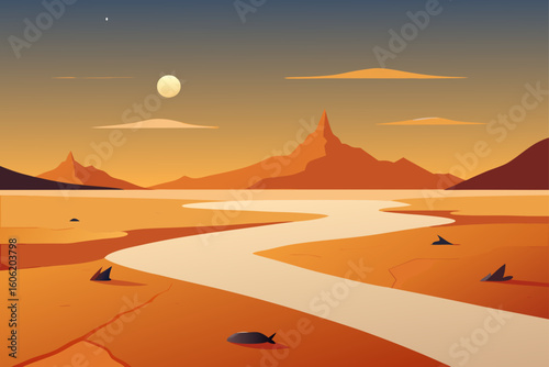 Serene martian landscape with a winding river under a twin sun sky