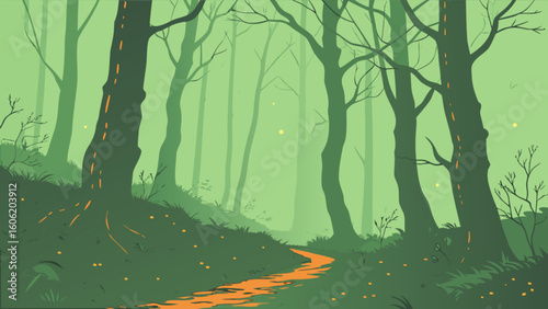 Green forest landscape illustration with pathway nature scenery trees and foliage vector background design