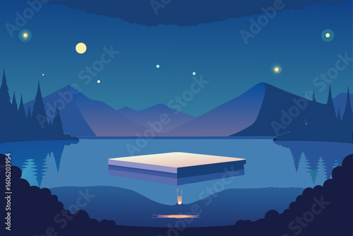 Serene night landscape with floating platform and distant mountains