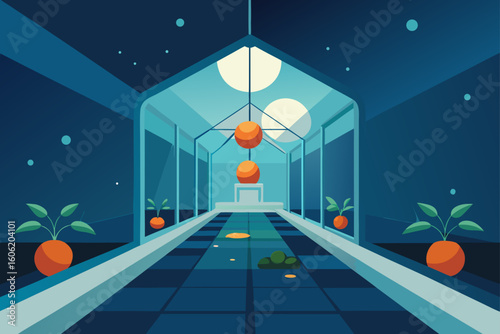 Futuristic greenhouse with floating orbs and potted plants