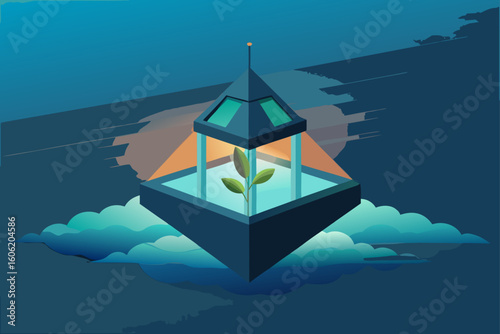Futuristic terrarium with a sprout on a cloud
