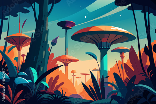 Alien mushroom forest with vibrant colors and futuristic structures