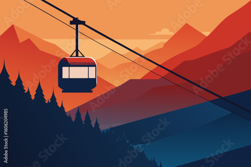 Gondola ride through colorful mountain landscape at sunset