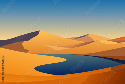 Stylized desert landscape with winding blue river