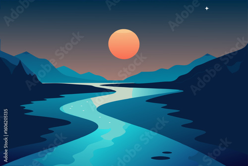 Serene mountain river at sunset with a distant star