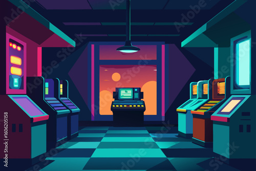 Retro arcade hall with futuristic sunset view