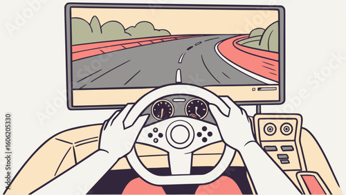Car racing simulator game with steering wheel and screen for realistic driving experience at home setup