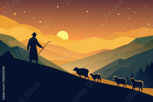 Shepherd guiding sheep through mountain landscape at sunset