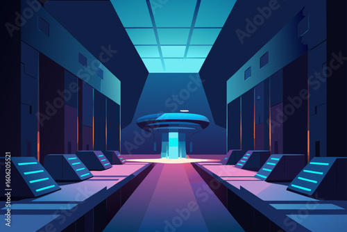 Futuristic control room with central energy core and console stations