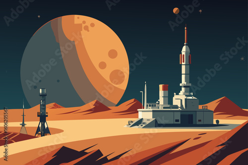 Martian colony with rocket launch pad and large planet overhead