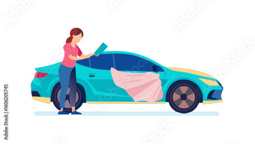 Car detailing service woman cleaning blue car with cloth auto care and maintenance for vehicle shine