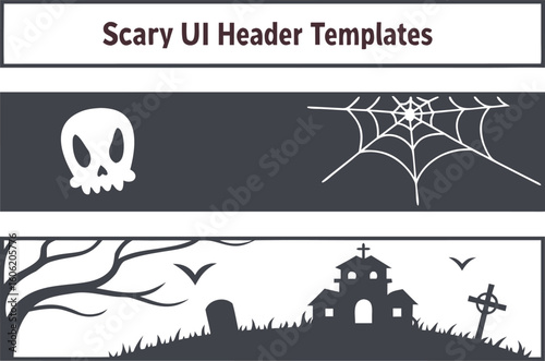 Spooky halloween ui header templates featuring skulls spiderwebs haunted houses and graveyards for a frighteningly fun online experience