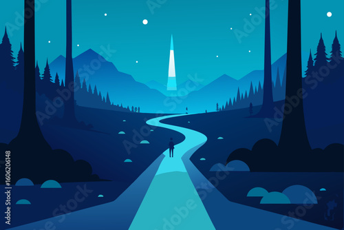 Lone traveler on a winding path towards a distant light