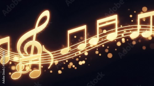 Glowing Golden Musical Notes Floating Against Black Background with Light Effects
